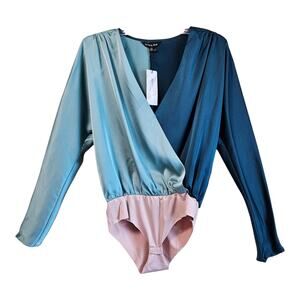 STRUT & BOLT Women M Blouse Bodysuit Satin Jade Dark Teal Puff Shoulder 46" NEW